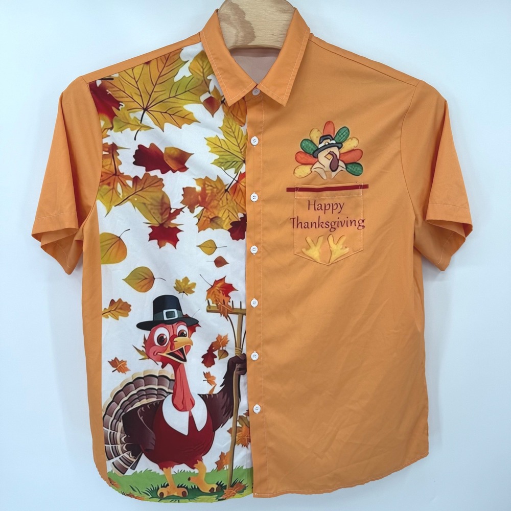 Happy Thanksgiving Turkey Graphic Shirt Fall Unbranded Button Up Mens Xl Orange